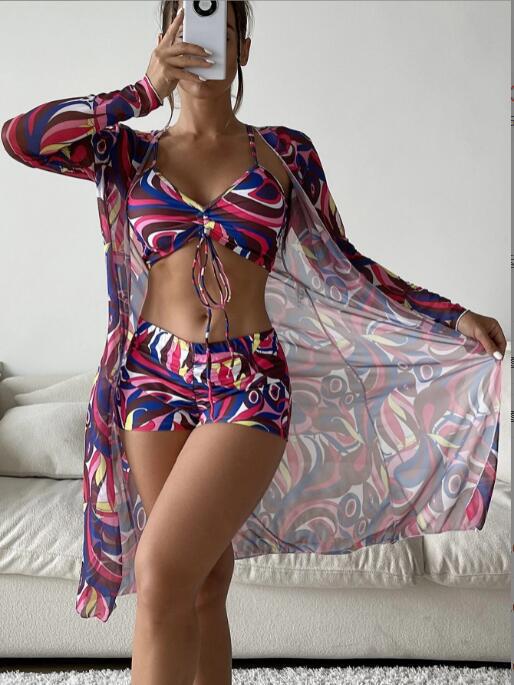 Womens Bikini Set Prints Swimwear 3 Piece Beachwear Set for Surfing Beach